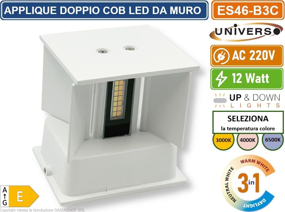 UNIVERSO ES46-B3C APPLIQUE LAMPADA DA MURO DOPPIO LED COB 12W FASCIO REGOLABILE CON SWITCH CCT PER SELEZIONE LUCE 3000K/4000K/6500K IP65 - 3