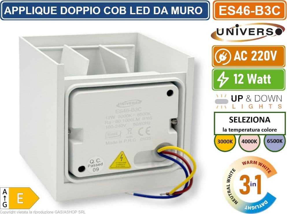 UNIVERSO ES46-B3C APPLIQUE LAMPADA DA MURO DOPPIO LED COB 12W FASCIO REGOLABILE CON SWITCH CCT PER SELEZIONE LUCE 3000K/4000K/6500K IP65 - 4