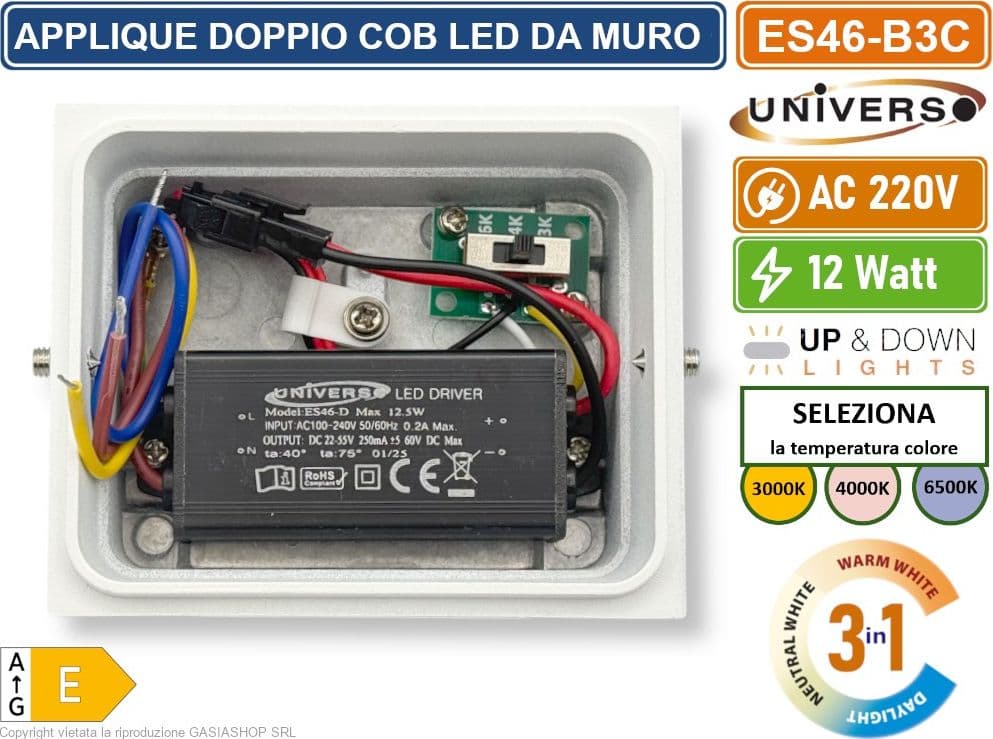UNIVERSO ES46-B3C APPLIQUE LAMPADA DA MURO DOPPIO LED COB 12W FASCIO REGOLABILE CON SWITCH CCT PER SELEZIONE LUCE 3000K/4000K/6500K IP65 - 5
