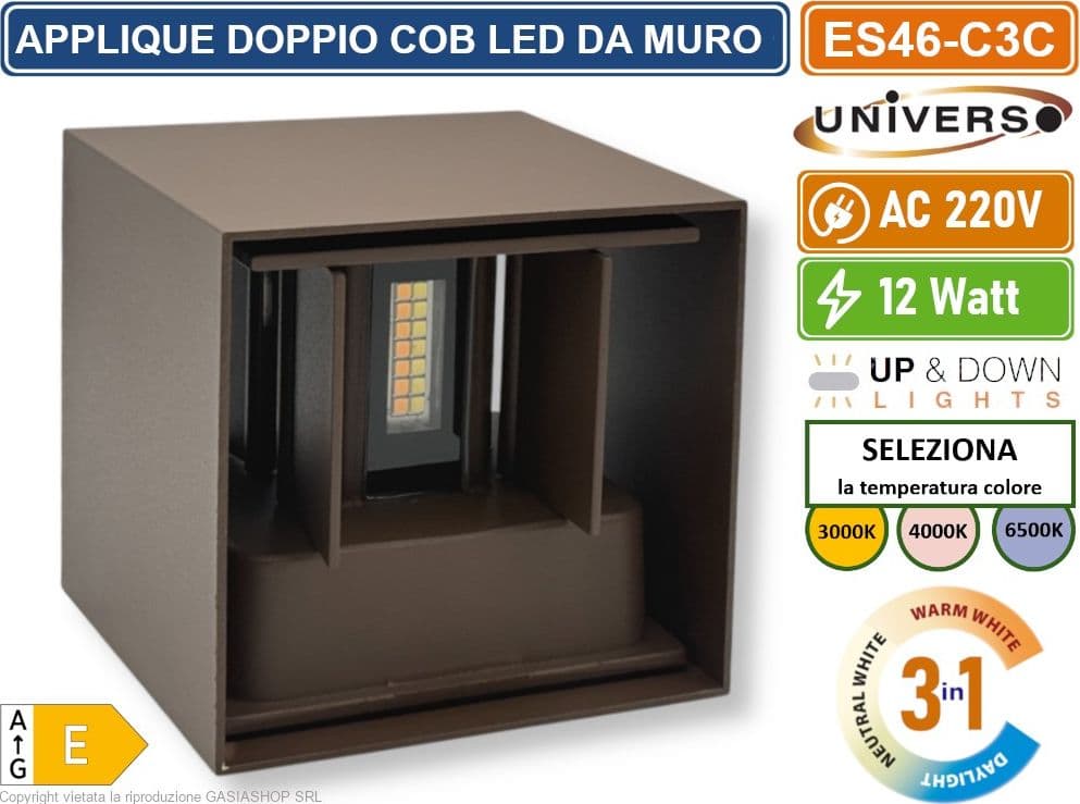 UNIVERSO ES46-C3C APPLIQUE LAMPADA DA MURO DOPPIO LED COB 12W FASCIO REGOLABILE CON SWITCH CCT PER SELEZIONE LUCE 3000K/4000K/6500K IP65 - 2