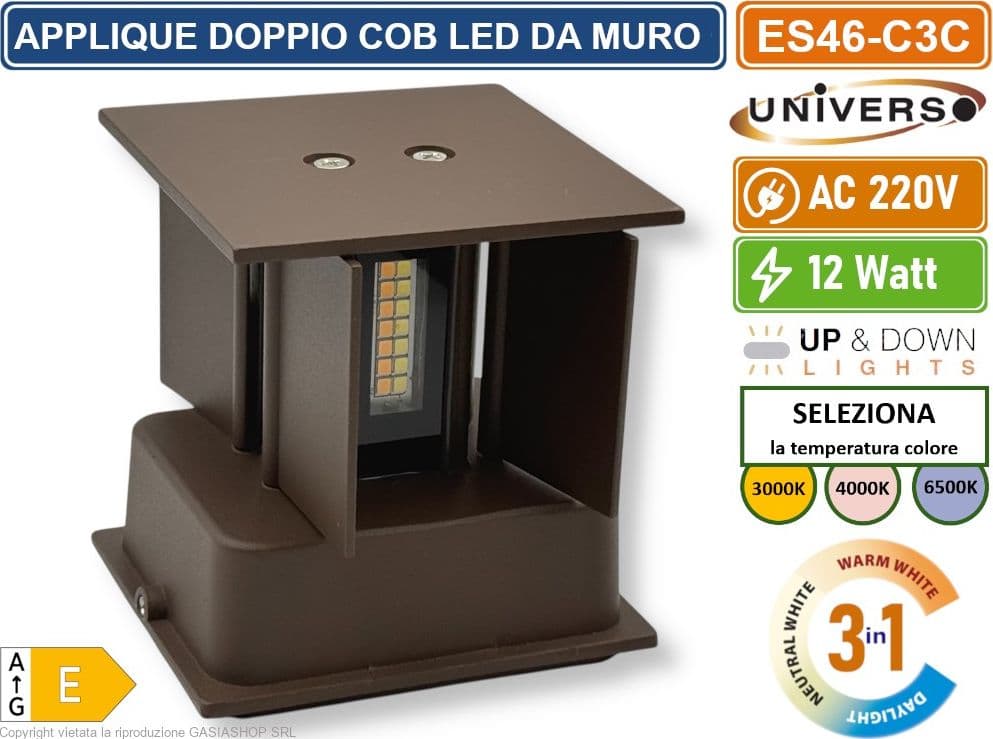 UNIVERSO ES46-C3C APPLIQUE LAMPADA DA MURO DOPPIO LED COB 12W FASCIO REGOLABILE CON SWITCH CCT PER SELEZIONE LUCE 3000K/4000K/6500K IP65 - 3