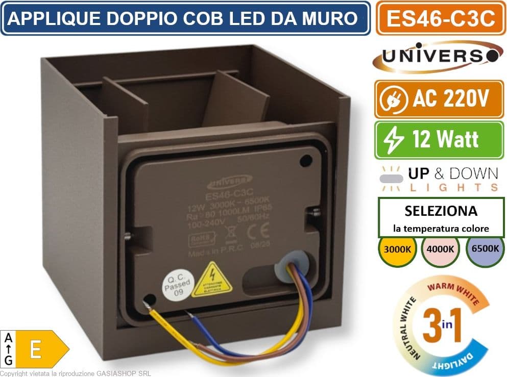 UNIVERSO ES46-C3C APPLIQUE LAMPADA DA MURO DOPPIO LED COB 12W FASCIO REGOLABILE CON SWITCH CCT PER SELEZIONE LUCE 3000K/4000K/6500K IP65 - 4