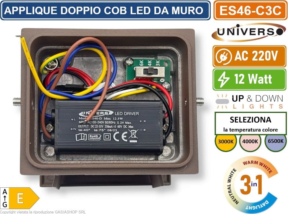 UNIVERSO ES46-C3C APPLIQUE LAMPADA DA MURO DOPPIO LED COB 12W FASCIO REGOLABILE CON SWITCH CCT PER SELEZIONE LUCE 3000K/4000K/6500K IP65 - 5