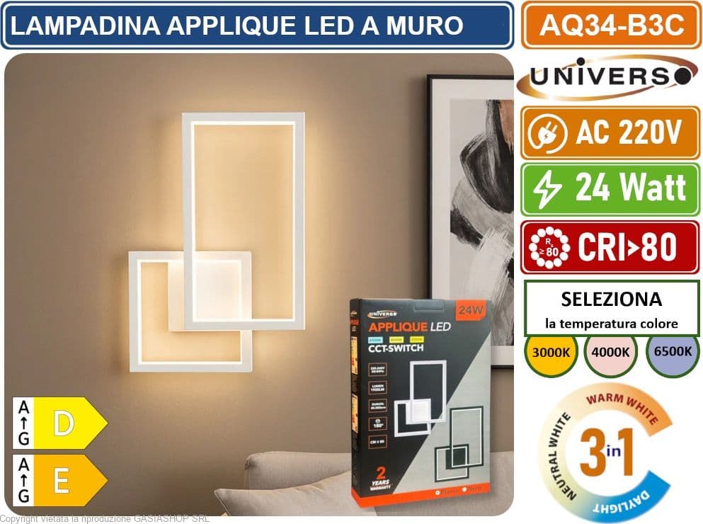 UNIVERSO AQ34-B3C APPLIQUE LED A MURO BIANCA 24W FORMA GEOMETRICA RETTANGOLARE CON SWITCH CCT PER SELEZIONE LUCE 3000K/4000K/6500K