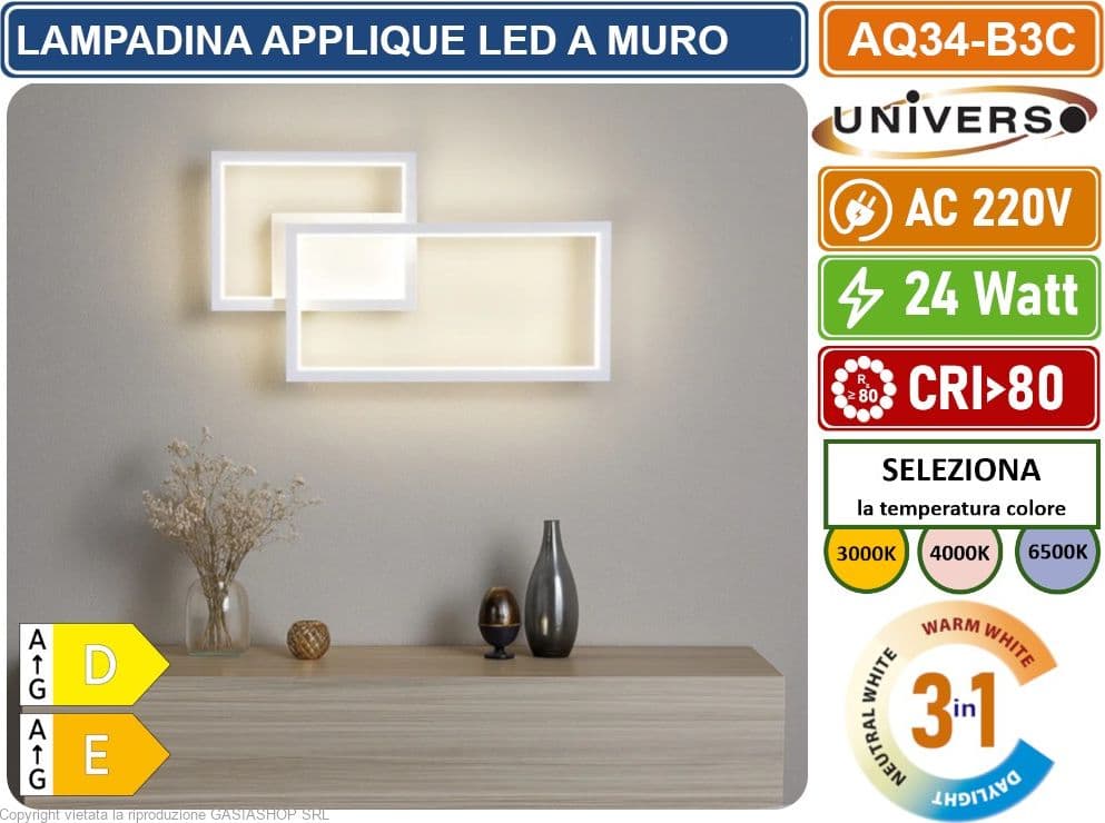 UNIVERSO AQ34-B3C APPLIQUE LED A MURO BIANCA 24W FORMA GEOMETRICA RETTANGOLARE CON SWITCH CCT PER SELEZIONE LUCE 3000K/4000K/6500K - 2