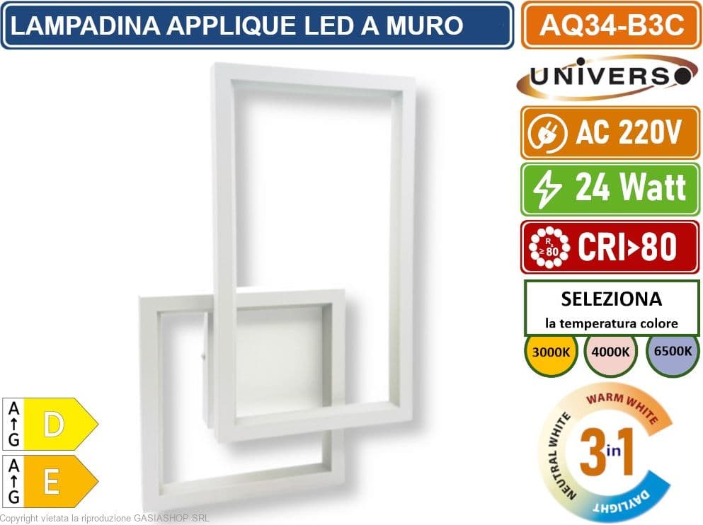 UNIVERSO AQ34-B3C APPLIQUE LED A MURO BIANCA 24W FORMA GEOMETRICA RETTANGOLARE CON SWITCH CCT PER SELEZIONE LUCE 3000K/4000K/6500K - 3