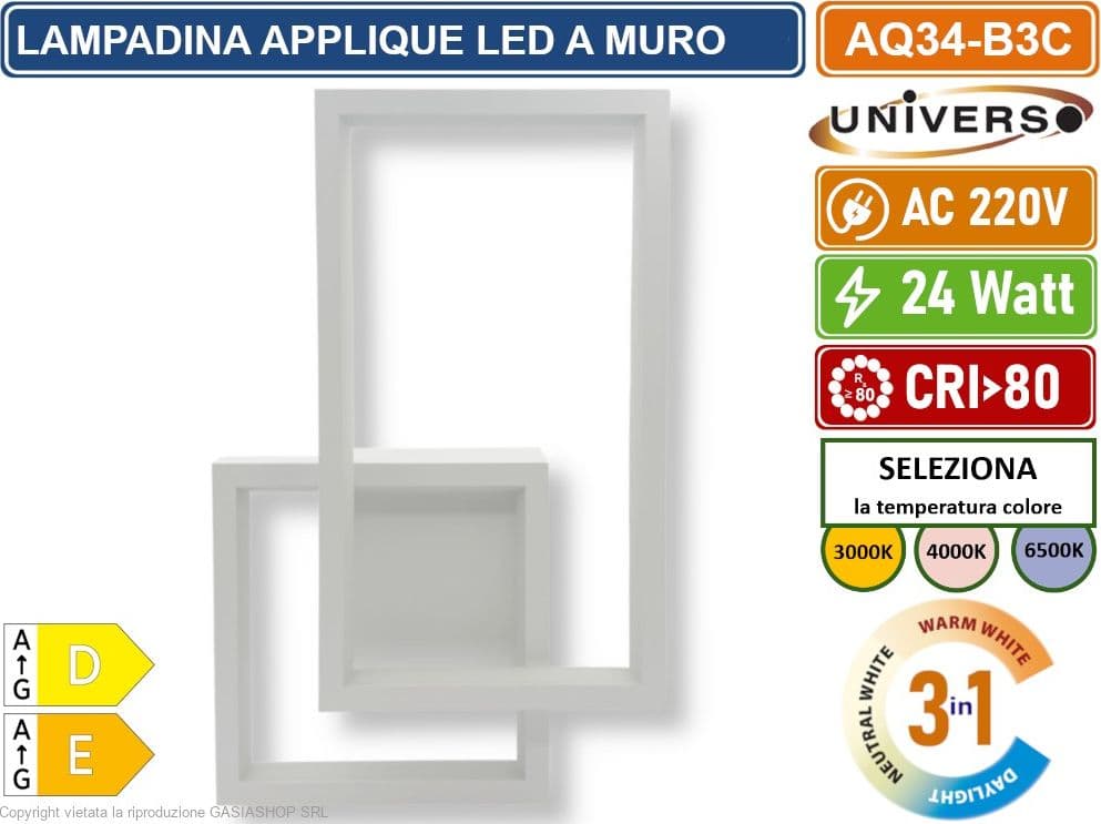 UNIVERSO AQ34-B3C APPLIQUE LED A MURO BIANCA 24W FORMA GEOMETRICA RETTANGOLARE CON SWITCH CCT PER SELEZIONE LUCE 3000K/4000K/6500K - 4
