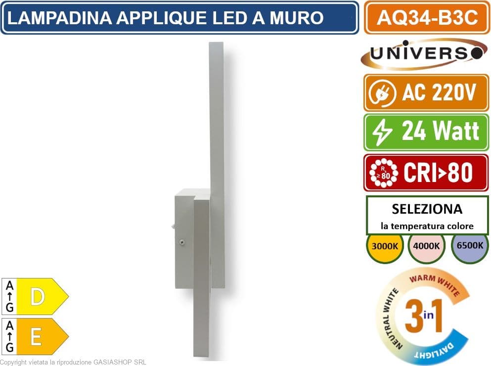 UNIVERSO AQ34-B3C APPLIQUE LED A MURO BIANCA 24W FORMA GEOMETRICA RETTANGOLARE CON SWITCH CCT PER SELEZIONE LUCE 3000K/4000K/6500K - 5