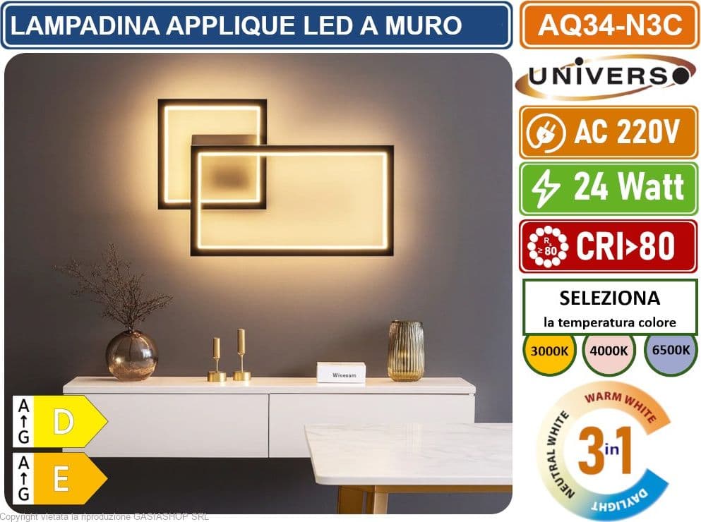 UNIVERSO AQ34-N3C APPLIQUE LED A MURO NERA 24W FORMA GEOMETRICA RETTANGOLARE CON SWITCH CCT PER SELEZIONE LUCE 3000K/4000K/6500K - 2