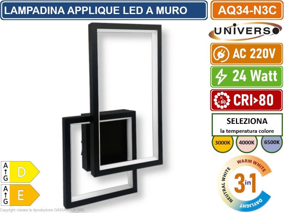 UNIVERSO AQ34-N3C APPLIQUE LED A MURO NERA 24W FORMA GEOMETRICA RETTANGOLARE CON SWITCH CCT PER SELEZIONE LUCE 3000K/4000K/6500K - 3