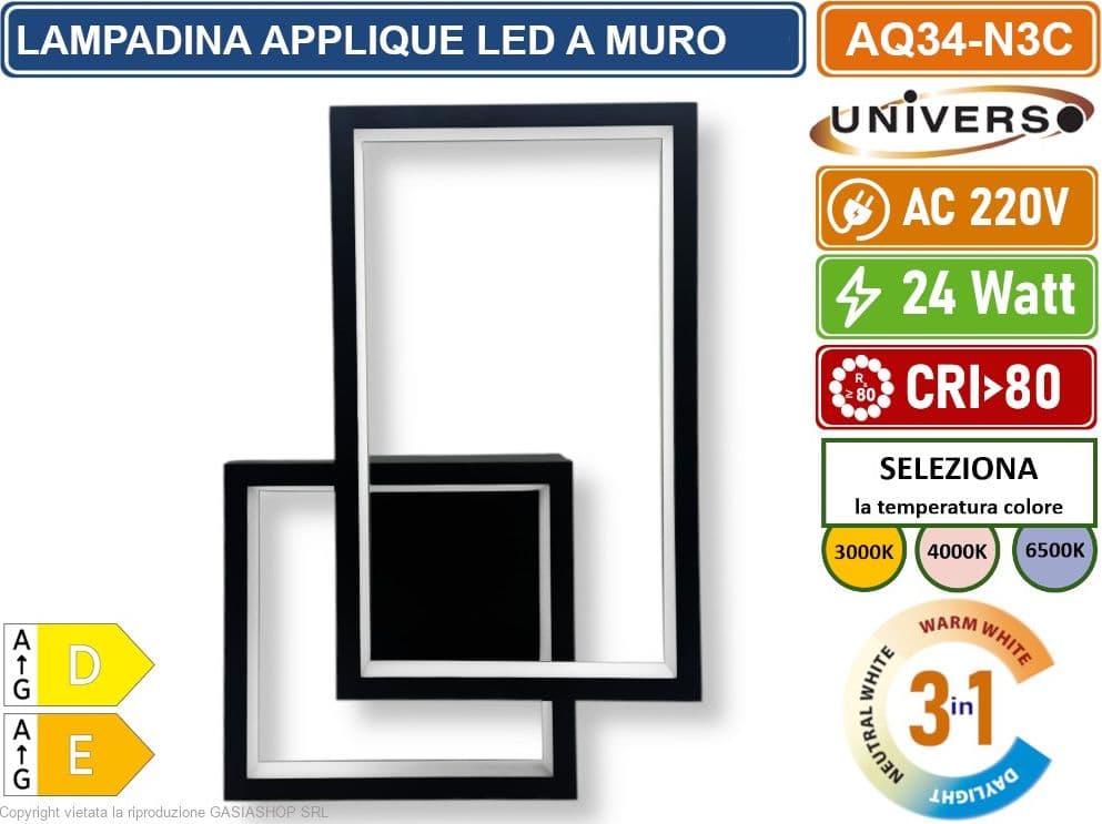 UNIVERSO AQ34-N3C APPLIQUE LED A MURO NERA 24W FORMA GEOMETRICA RETTANGOLARE CON SWITCH CCT PER SELEZIONE LUCE 3000K/4000K/6500K - 4