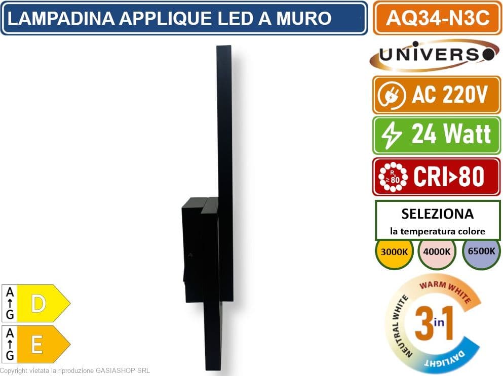 UNIVERSO AQ34-N3C APPLIQUE LED A MURO NERA 24W FORMA GEOMETRICA RETTANGOLARE CON SWITCH CCT PER SELEZIONE LUCE 3000K/4000K/6500K - 5