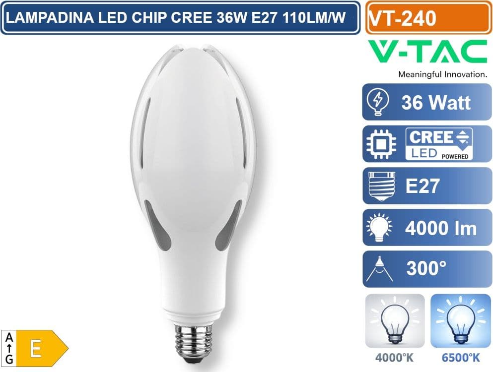 V-TAC VT-240 LAMPADINA LED E27 36W OLIVE LAMP SMD CHIP CREE 110LM/W TEMPERATURA COLORE 4000K - 6500K - 2