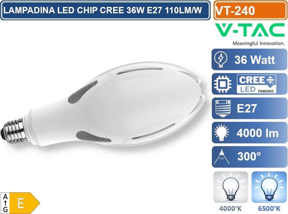 V-TAC VT-240 LAMPADINA LED E27 36W OLIVE LAMP SMD CHIP CREE 110LM/W TEMPERATURA COLORE 4000K - 6500K - 3
