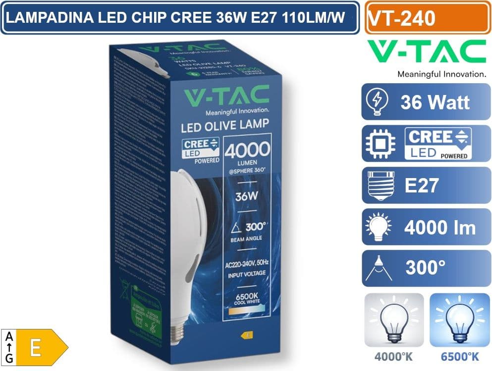 V-TAC VT-240 LAMPADINA LED E27 36W OLIVE LAMP SMD CHIP CREE 110LM/W TEMPERATURA COLORE 4000K - 6500K - 4