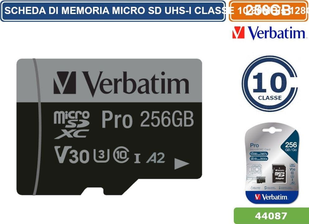 SCHEDA DI MEMORIA VERBATIM MEMORY CARD MICRO SD UHS-I CLASSE 10 100MB/s 256GB - 2