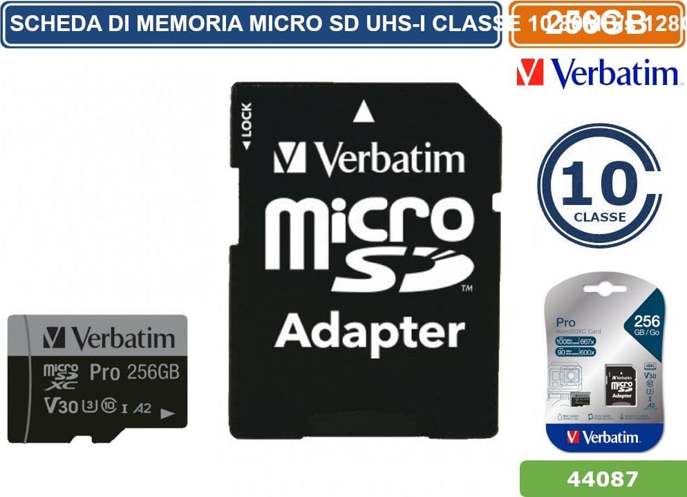 SCHEDA DI MEMORIA VERBATIM MEMORY CARD MICRO SD UHS-I CLASSE 10 100MB/s 256GB - 3