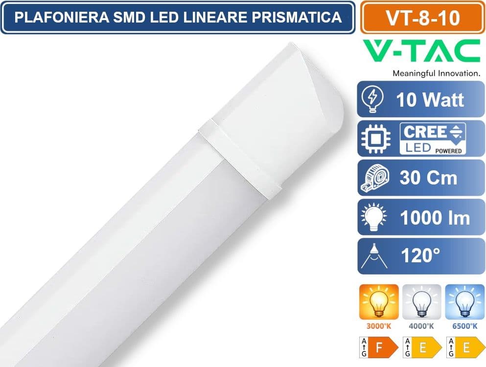 V-TAC VT-8-10 TUBO LED PRISMATICO PLAFONIERA 10W LAMPADINA 30CM SMD CHIP CREE 3000K - 4000K - 6500K - 2