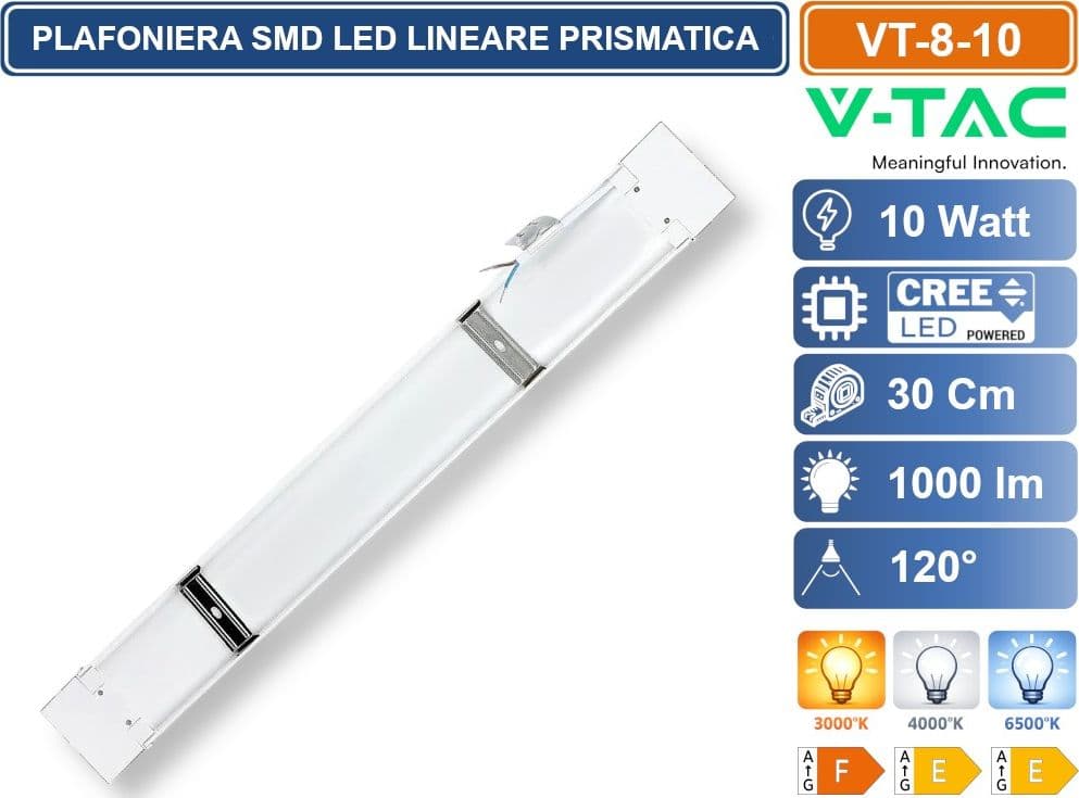 V-TAC VT-8-10 TUBO LED PRISMATICO PLAFONIERA 10W LAMPADINA 30CM SMD CHIP CREE 3000K - 4000K - 6500K - 3