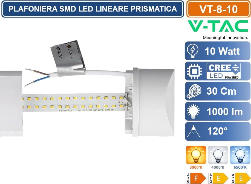 V-TAC VT-8-10 TUBO LED PRISMATICO PLAFONIERA 10W LAMPADINA 30CM SMD CHIP CREE 3000K - 4000K - 6500K - 4