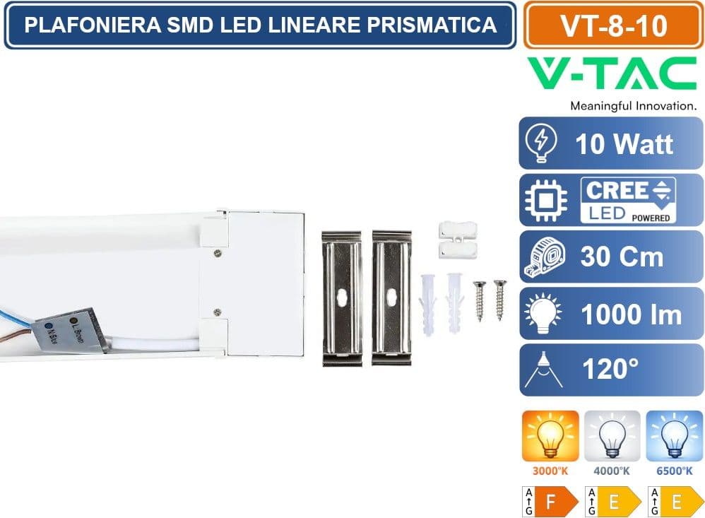 V-TAC VT-8-10 TUBO LED PRISMATICO PLAFONIERA 10W LAMPADINA 30CM SMD CHIP CREE 3000K - 4000K - 6500K - 5