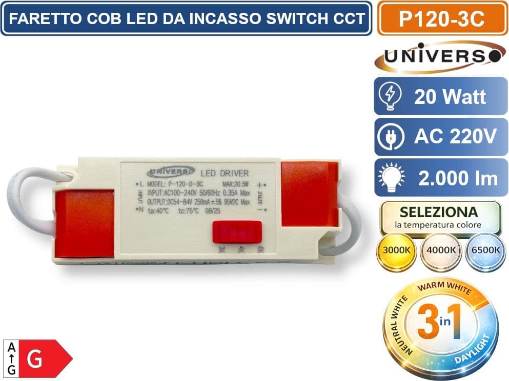 UNIVERSO P-120-3C  FARETTO DA INCASSO ORIENTABILE COB LED 20W CON SWITCH CCT PER SELEZIONE LUCE 3000K/4000K/6500K - 4
