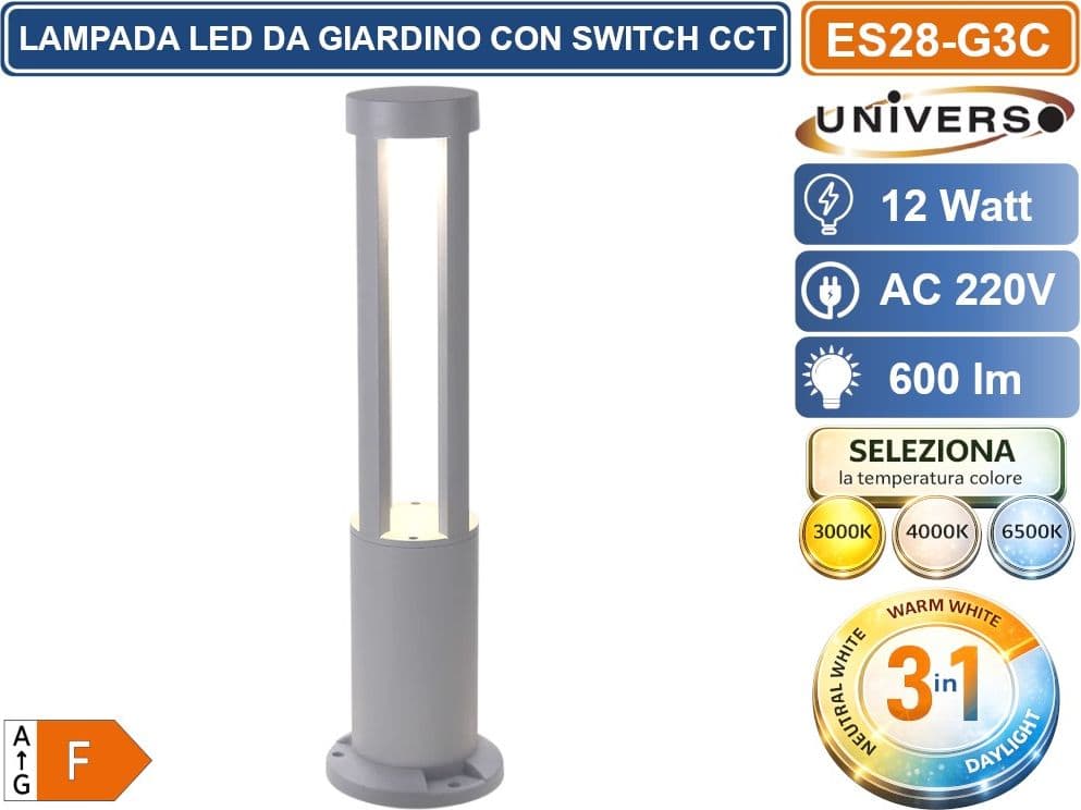UNIVERSO ES28-G3C LAMPADA COB LED DA GIARDINO FISSAGGIO A TERRA 12W IP65 CON SWITCH CCT PER SELEZIONE LUCE 3000K/4000K/6500K - 2