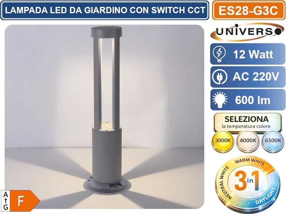 UNIVERSO ES28-G3C LAMPADA COB LED DA GIARDINO FISSAGGIO A TERRA 12W IP65 CON SWITCH CCT PER SELEZIONE LUCE 3000K/4000K/6500K - 3