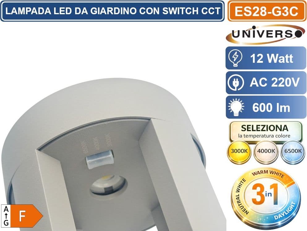 UNIVERSO ES28-G3C LAMPADA COB LED DA GIARDINO FISSAGGIO A TERRA 12W IP65 CON SWITCH CCT PER SELEZIONE LUCE 3000K/4000K/6500K - 5
