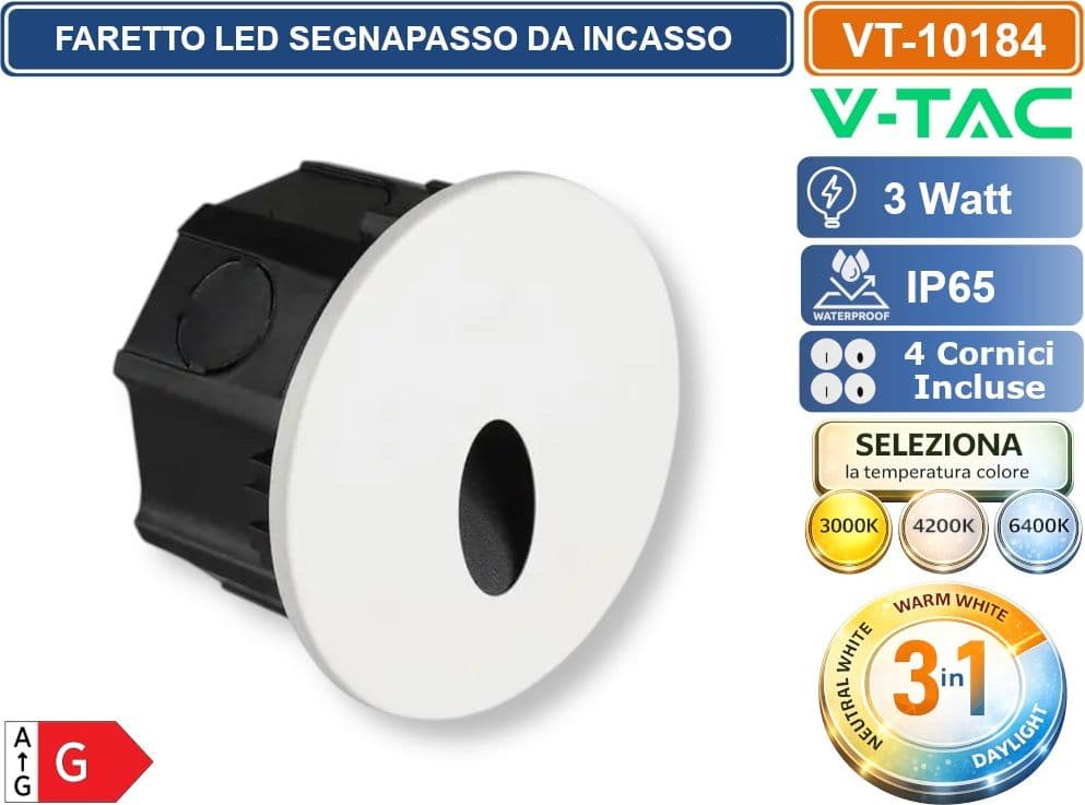 V-TAC VT-10184 FARETTO LED SEGNAPASSO DA INCASSO 3W CON 4 CORNICI INTERCAMBIABILI INCLUSE 55°/65° CON SWITCH CCT PER SELEZIONE LUCE 3000K/4200K/6400K IP65 - SKU 24010 - 2