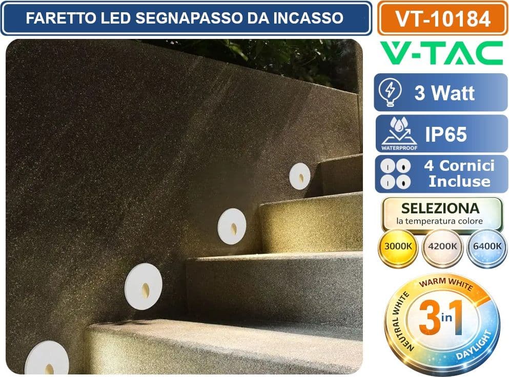 V-TAC VT-10184 FARETTO LED SEGNAPASSO DA INCASSO 3W CON 4 CORNICI INTERCAMBIABILI INCLUSE 55°/65° CON SWITCH CCT PER SELEZIONE LUCE 3000K/4200K/6400K IP65 - SKU 24010 - 4