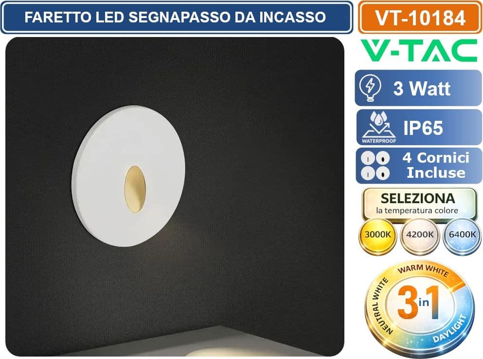 V-TAC VT-10184 FARETTO LED SEGNAPASSO DA INCASSO 3W CON 4 CORNICI INTERCAMBIABILI INCLUSE 55°/65° CON SWITCH CCT PER SELEZIONE LUCE 3000K/4200K/6400K IP65 - SKU 24010 - 5