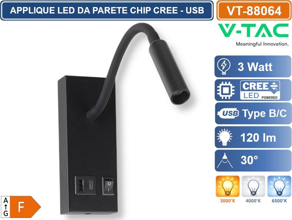 V-TAC PRO VT-88064 APPLIQUE DA PARETE LED CHIP CREE 3W CON INTERRUTTORE E USB/PD NERA 3000K - SKU 241516 - 2