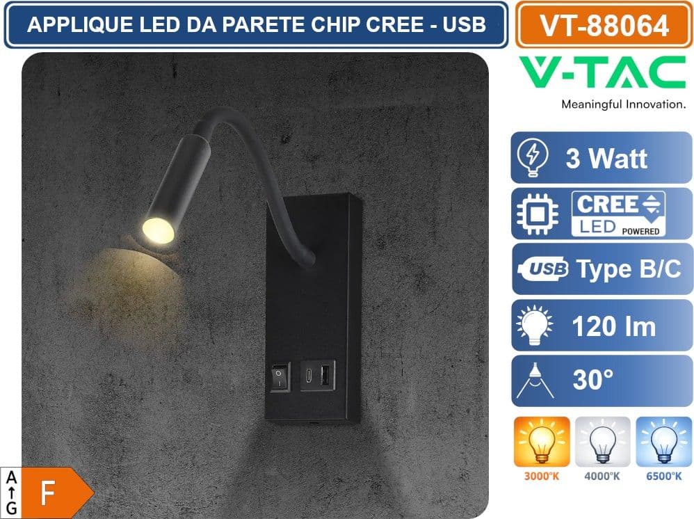 V-TAC PRO VT-88064 APPLIQUE DA PARETE LED CHIP CREE 3W CON INTERRUTTORE E USB/PD NERA 3000K - SKU 241516 - 3