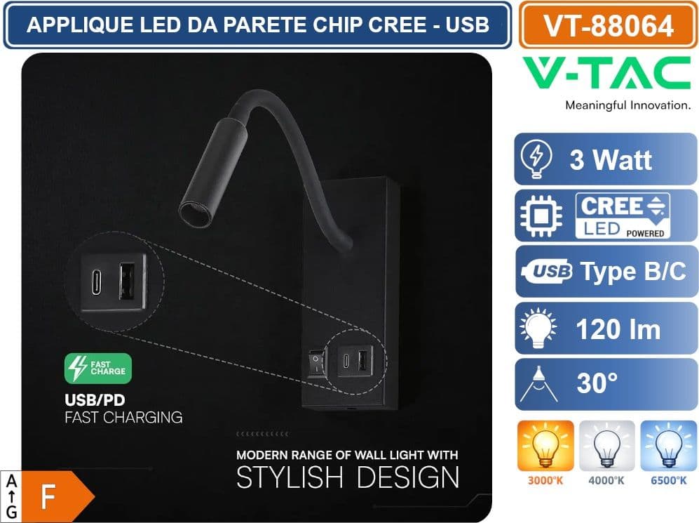 V-TAC PRO VT-88064 APPLIQUE DA PARETE LED CHIP CREE 3W CON INTERRUTTORE E USB/PD NERA 3000K - SKU 241516 - 4