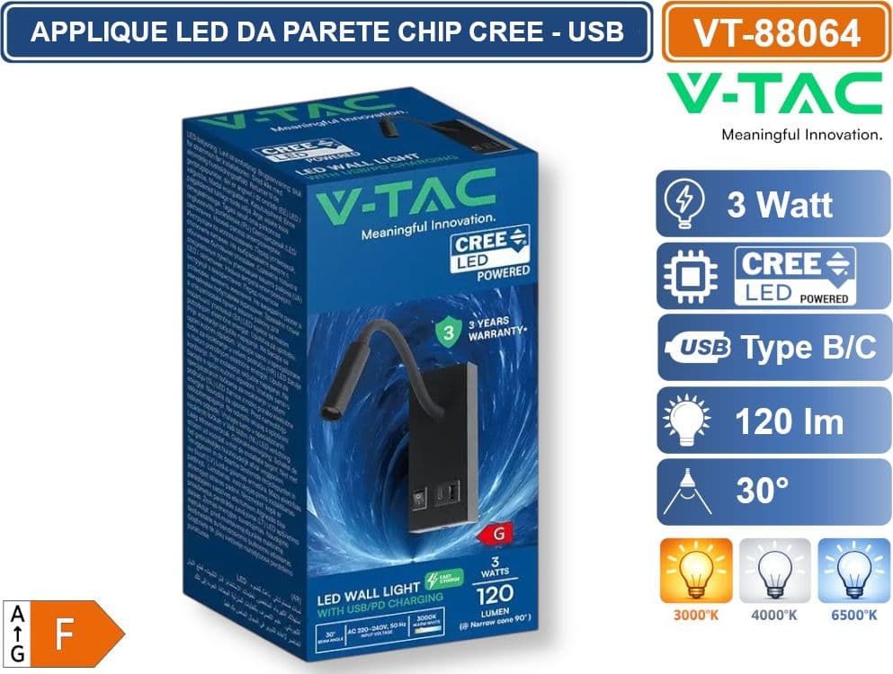 V-TAC PRO VT-88064 APPLIQUE DA PARETE LED CHIP CREE 3W CON INTERRUTTORE E USB/PD NERA 3000K - SKU 241516 - 5