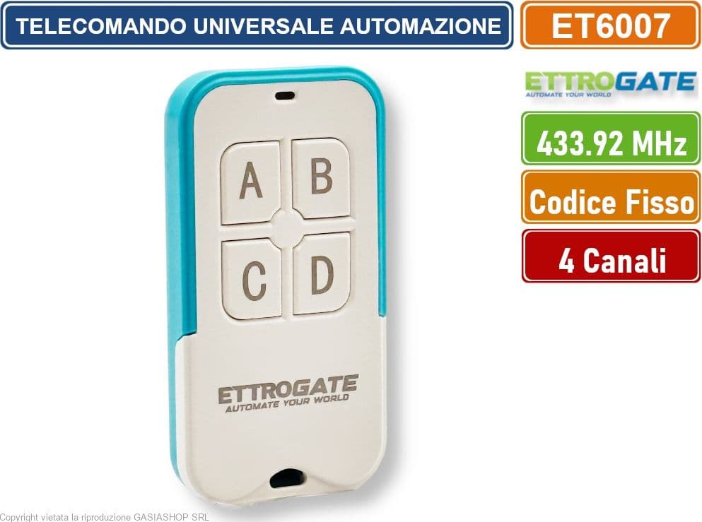 ETTROIT ET6007 TELECOMANDO RADIOCOMANDO PER AUTOMAZIONE CANCELLI 4 CANALI FREQUENZA 433 MHZ CODICE FISSO CODICE DI APPRENDIMENTO - 2