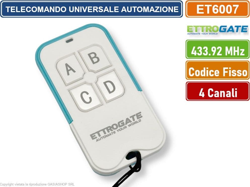 ETTROIT ET6007 TELECOMANDO RADIOCOMANDO PER AUTOMAZIONE CANCELLI 4 CANALI FREQUENZA 433 MHZ CODICE FISSO CODICE DI APPRENDIMENTO - 3