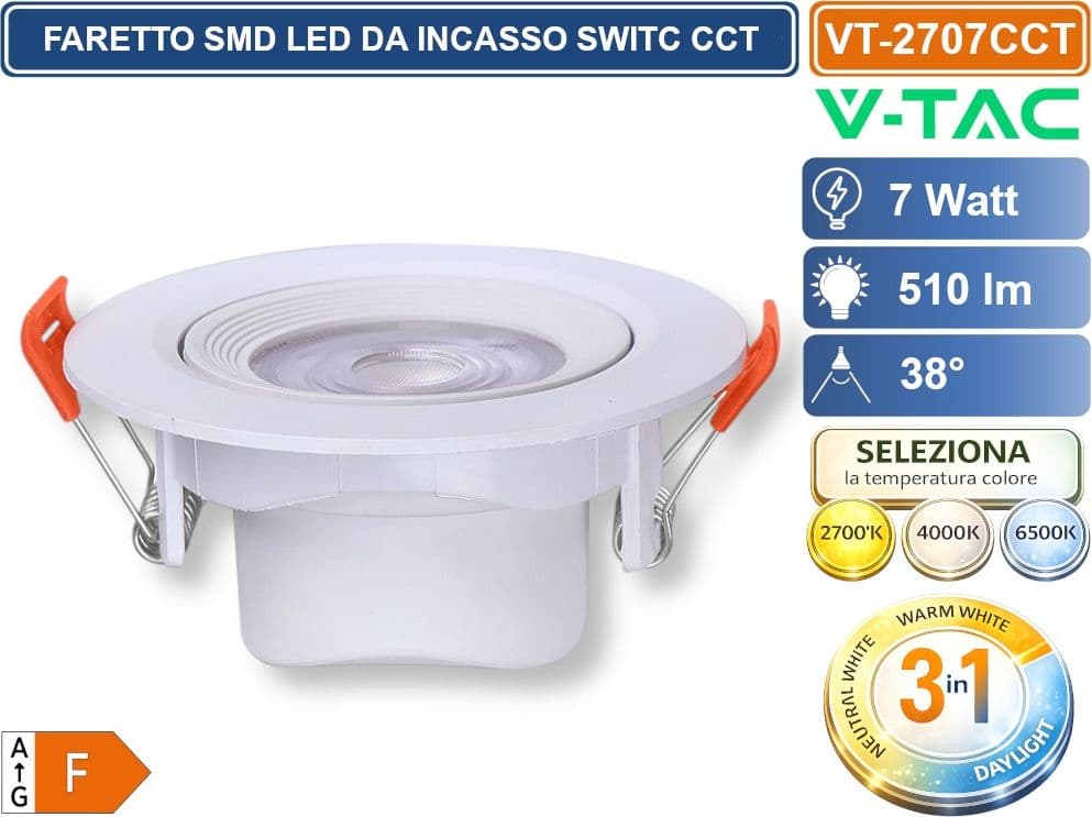 V-TAC VT-2707CCTCCT FARETTO LED DA INCASSO ROTONDO BIANCO 7W ORIENTABILE CON SWITCH CCT PER SELEZIONE LUCE 2700K/4000K/6500K - SKU 23837 - 2