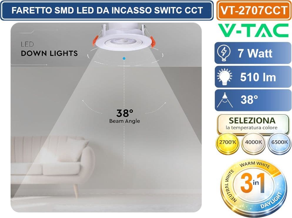 V-TAC VT-2707CCTCCT FARETTO LED DA INCASSO ROTONDO BIANCO 7W ORIENTABILE CON SWITCH CCT PER SELEZIONE LUCE 2700K/4000K/6500K - SKU 23837 - 5
