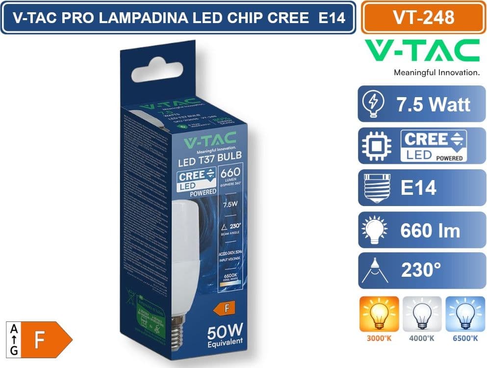 V-TAC PRO VT-248 LAMPADINA LED E14 7.5W TUBOLARE T37 CHIP CREE - 3000k -4000K - 6500K - 4