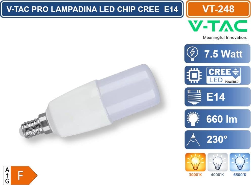 CONFEZIONE 15 PEZZI V-TAC PRO VT-248 LAMPADINA LED E14 7.5W TUBOLARE T37 CHIP CREE - 3000k -4000K - 6500K - 3