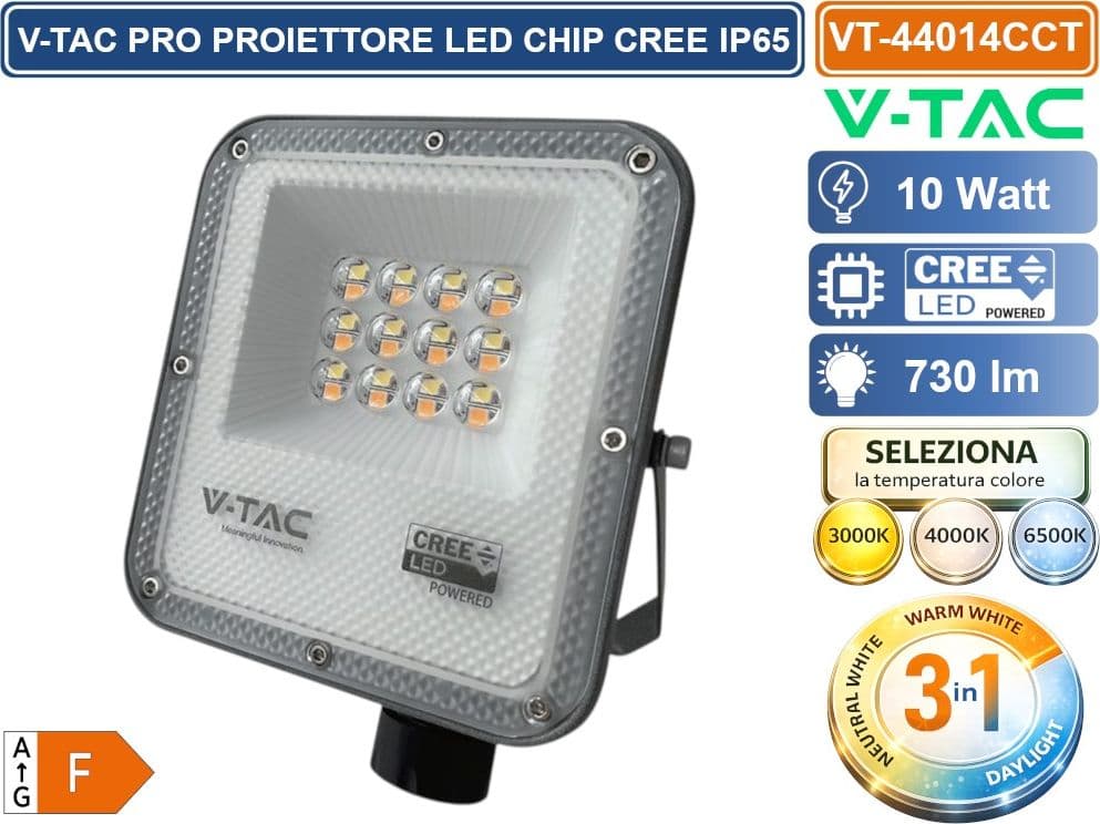 V-TAC PRO VT-44014CCT PROIETTORE SMD LED 10W CHIP CREE DA ESTERNO IP65 CON SWITCH CCT PER SELEZIONE LUCE 3000K/4000K/6500K - SKU 240726 - 2