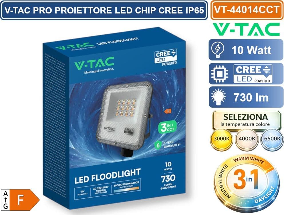 V-TAC PRO VT-44014CCT PROIETTORE SMD LED 10W CHIP CREE DA ESTERNO IP65 CON SWITCH CCT PER SELEZIONE LUCE 3000K/4000K/6500K - SKU 240726 - 4