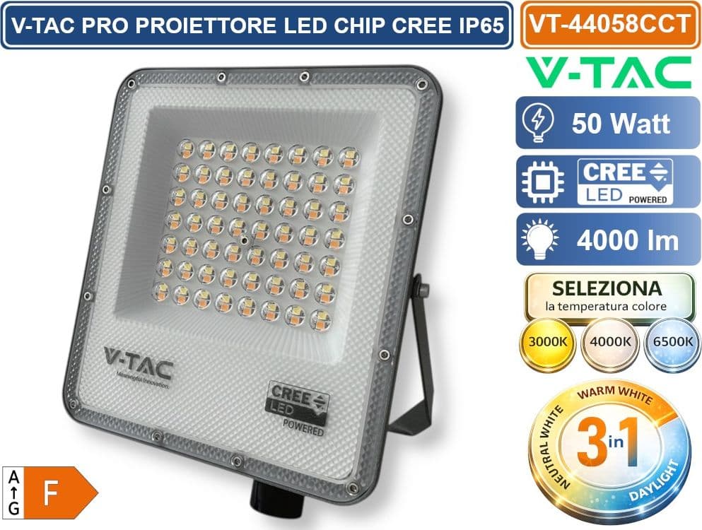 V-TAC PRO VT-44058CCT PROIETTORE SMD LED 50W CHIP CREE DA ESTERNO IP65 CON SWITCH CCT PER SELEZIONE LUCE 3000K/4000K/6500K - SKU 240736 - 2