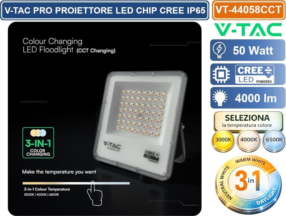 V-TAC PRO VT-44058CCT PROIETTORE SMD LED 50W CHIP CREE DA ESTERNO IP65 CON SWITCH CCT PER SELEZIONE LUCE 3000K/4000K/6500K - SKU 240736 - 3