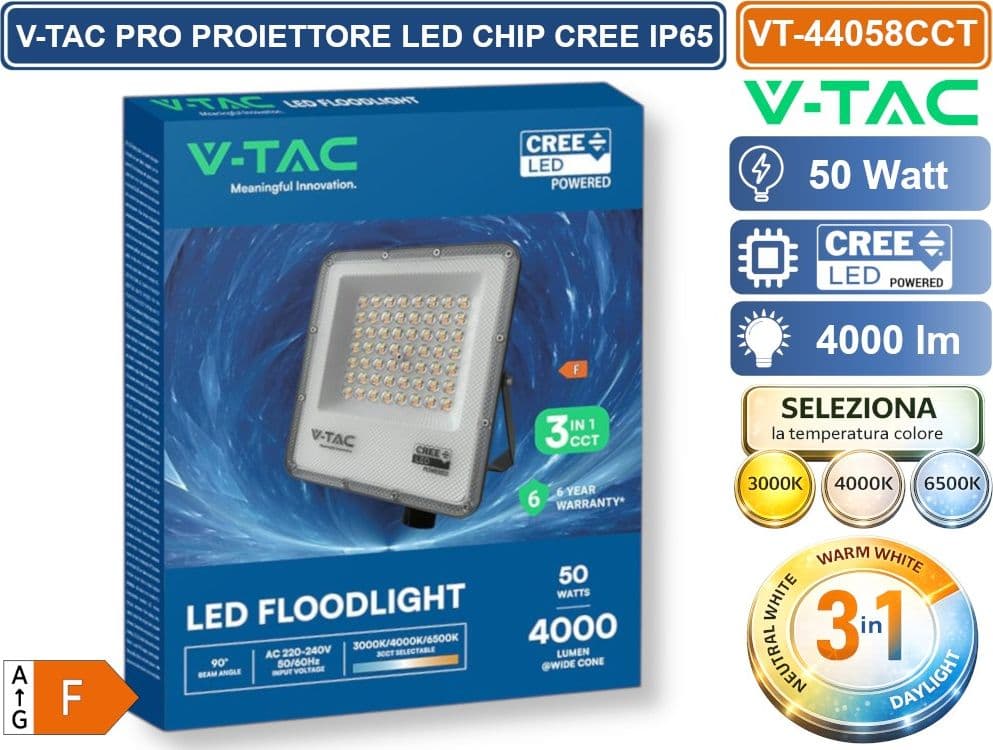 V-TAC PRO VT-44058CCT PROIETTORE SMD LED 50W CHIP CREE DA ESTERNO IP65 CON SWITCH CCT PER SELEZIONE LUCE 3000K/4000K/6500K - SKU 240736 - 4