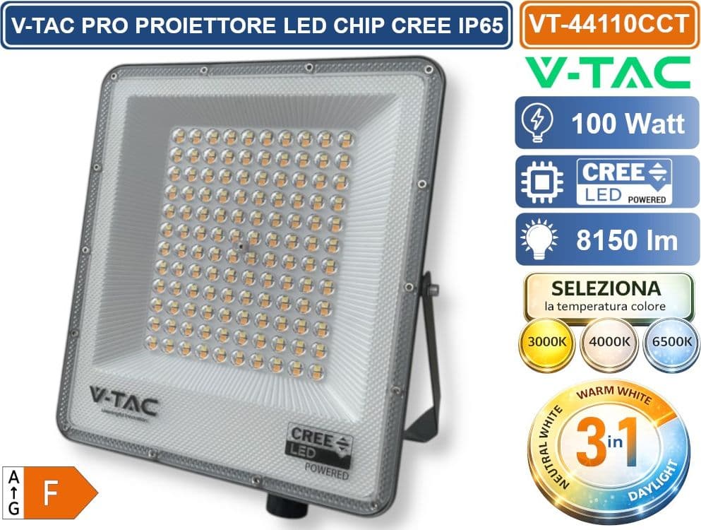 V-TAC PRO VT-44110CCT PROIETTORE SMD LED 100W CHIP CREE DA ESTERNO IP65 CON SWITCH CCT PER SELEZIONE LUCE 3000K/4000K/6500K - SKU 240716 - 2