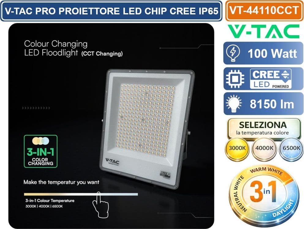 V-TAC PRO VT-44110CCT PROIETTORE SMD LED 100W CHIP CREE DA ESTERNO IP65 CON SWITCH CCT PER SELEZIONE LUCE 3000K/4000K/6500K - SKU 240716 - 3