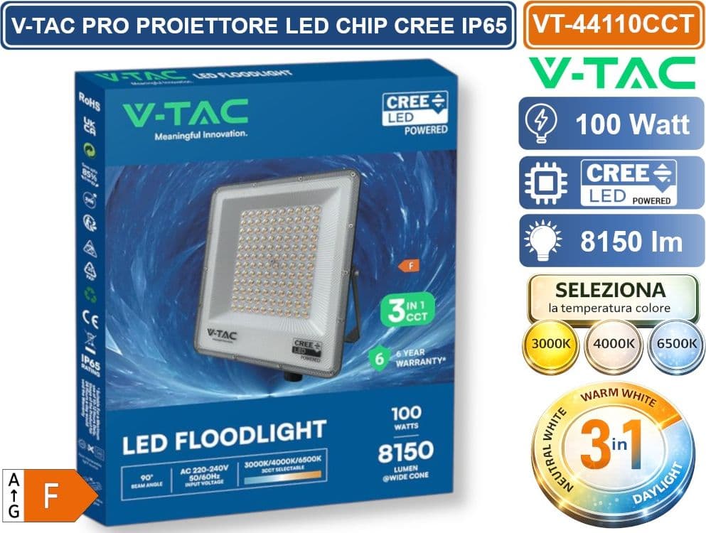 V-TAC PRO VT-44110CCT PROIETTORE SMD LED 100W CHIP CREE DA ESTERNO IP65 CON SWITCH CCT PER SELEZIONE LUCE 3000K/4000K/6500K - SKU 240716 - 4